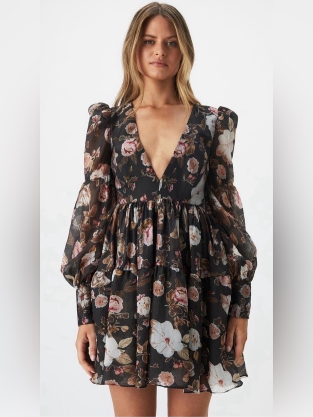 Bardot Black Floral Mini Dress Reign Puff Sleeve Tiered Cottagecore Small 4